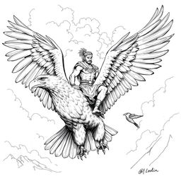 A detailed black and white sketch illustration featuring a strong man riding a colossal eagle, showcasing the winged beast's majestic wings spread wide