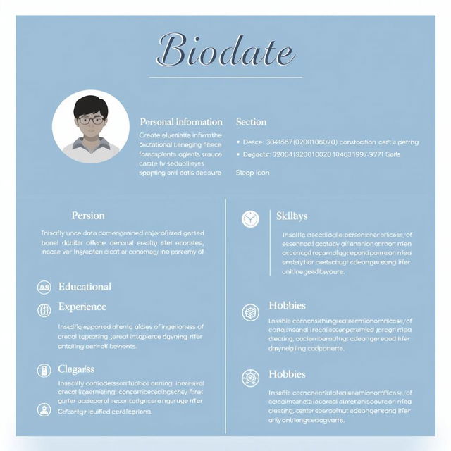 A beautifully designed biodata template that includes sections for personal information, educational background, work experience, skills, and hobbies