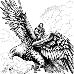 A detailed black and white sketch illustration featuring a strong man riding a colossal eagle, showcasing the winged beast's majestic wings spread wide