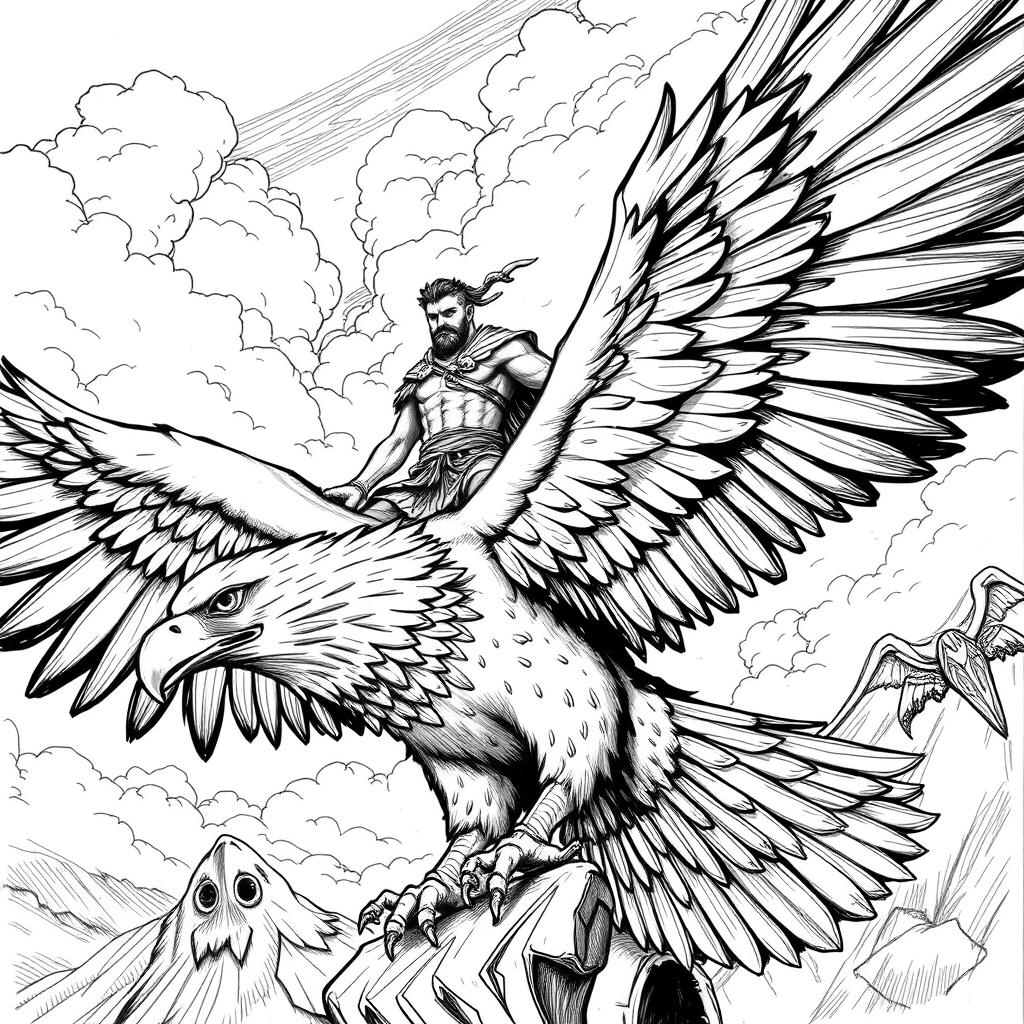 A detailed black and white sketch illustration featuring a strong man riding a colossal eagle, showcasing the winged beast's majestic wings spread wide