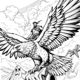 A detailed black and white sketch illustration featuring a strong man riding a colossal eagle, showcasing the winged beast's majestic wings spread wide