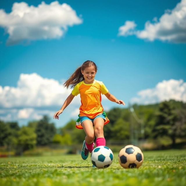 A teenage girl with brown hair and green eyes playing soccer energetically on a vibrant green field