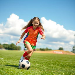 A teenage girl with brown hair and green eyes playing soccer energetically on a vibrant green field