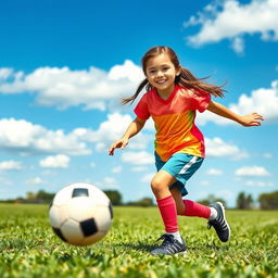 A teenage girl with brown hair and green eyes playing soccer energetically on a vibrant green field