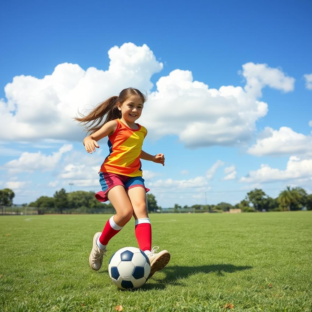 A teenage girl with brown hair and green eyes playing soccer energetically on a vibrant green field