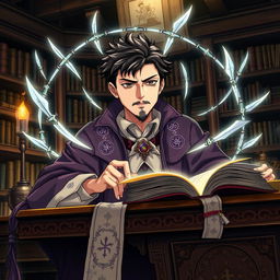 A handsome wizard with short, black hair and a neatly trimmed goatee, intently studying at an ornate wooden desk filled with ancient scrolls and mystical books