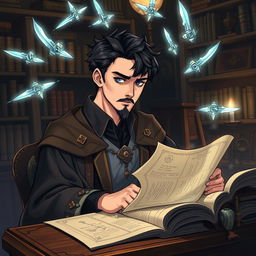 A handsome wizard with short, black hair and a neatly trimmed goatee, intently studying at an ornate wooden desk filled with ancient scrolls and mystical books