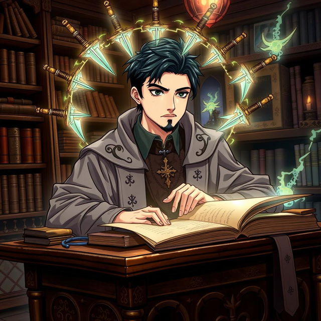 A handsome wizard with short, black hair and a neatly trimmed goatee, intently studying at an ornate wooden desk filled with ancient scrolls and mystical books