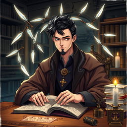 A handsome wizard with short, black hair and a neatly trimmed goatee, intently studying at an ornate wooden desk filled with ancient scrolls and mystical books