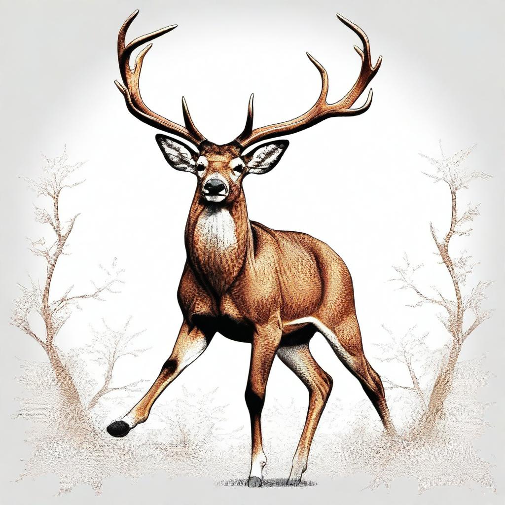 A high-quality, colored illustration-style digital art image featuring a majestic, full-bodied deer with a large, imposing antler, leaping in mid-air