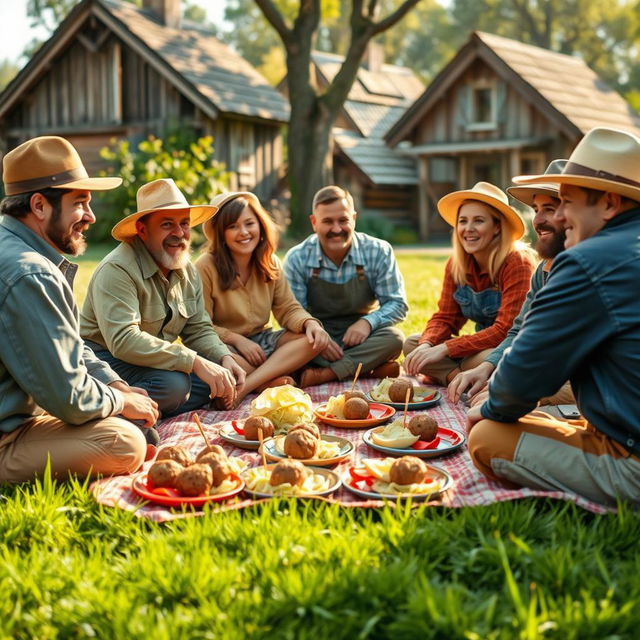 A charming scene of farmers gathered in a cozy setting with rustic cottages in the background