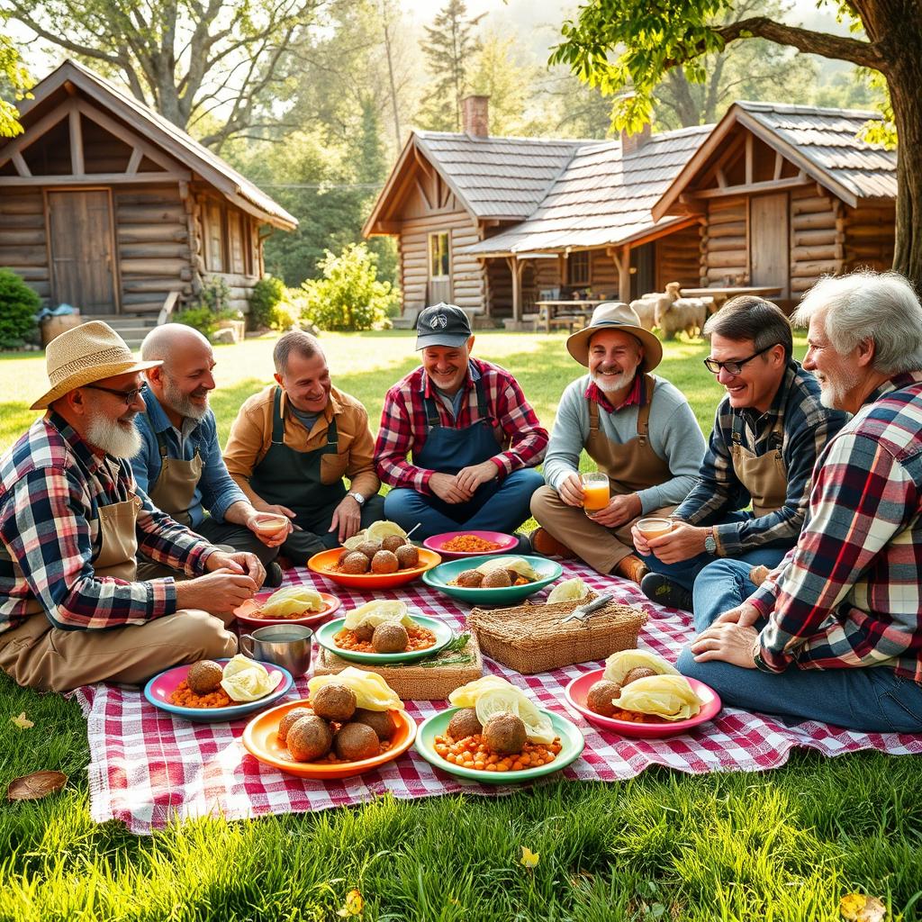 A charming scene of farmers gathered in a cozy setting with rustic cottages in the background