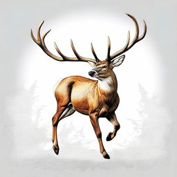 A high-quality, colored illustration-style digital art image featuring a majestic, full-bodied deer with a large, imposing antler, leaping in mid-air