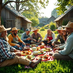 A charming scene of farmers gathered in a cozy setting with rustic cottages in the background