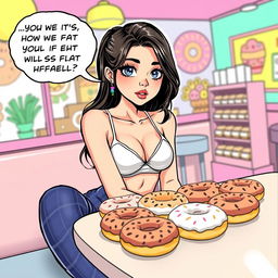 A comic book-style illustration of a sexy, beautiful, innocent-looking thin girl sitting at a table