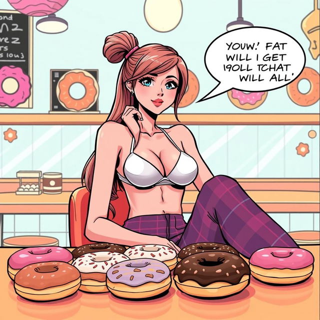 A comic book-style illustration of a sexy, beautiful, innocent-looking thin girl sitting at a table