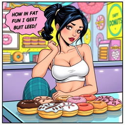 A comic book-style illustration of a sexy, beautiful, innocent-looking thin girl sitting at a table