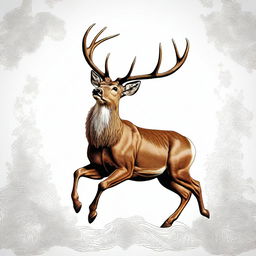 A high-quality, colored illustration-style digital art image featuring a majestic, full-bodied deer with a large, imposing antler, leaping in mid-air