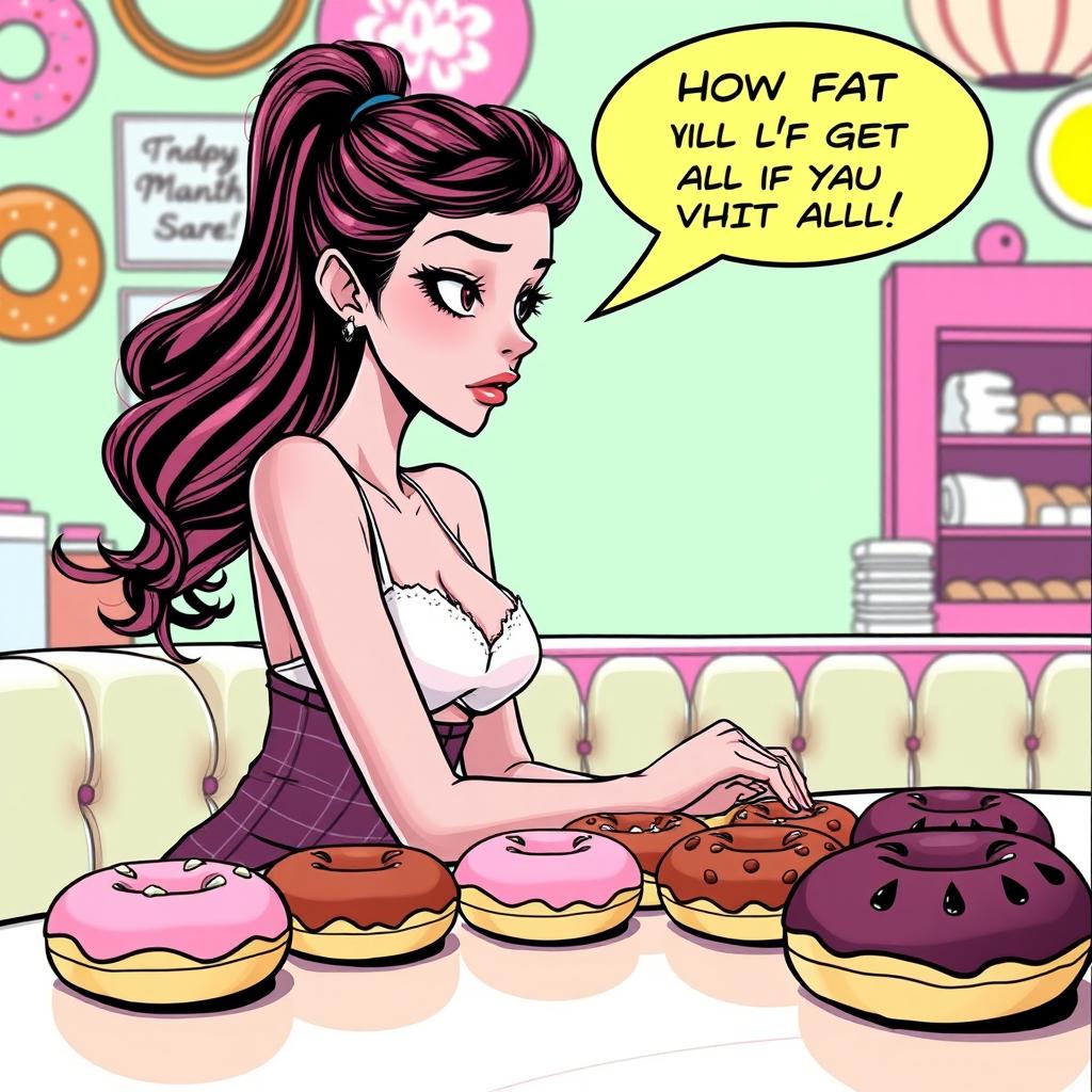 A comic book-style illustration of a sexy, beautiful, innocent-looking thin girl sitting at a table