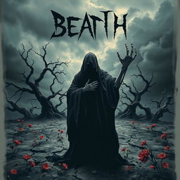 A haunting and dramatic poster depicting the themes of death and suffering