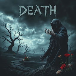 A haunting and dramatic poster depicting the themes of death and suffering