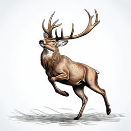 A high-quality, colored illustration-style digital art image featuring a majestic, full-bodied deer with a large, imposing antler, leaping in mid-air