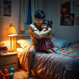 A young Chinese man in torn clothes sitting on the edge of a bed, hugging a young girl in a warm and caring embrace