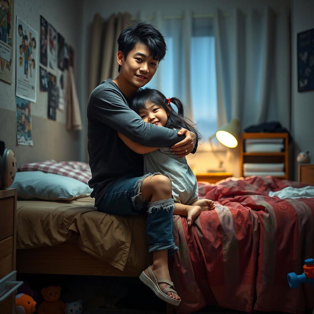 A young Chinese man in torn clothes sitting on the edge of a bed, hugging a young girl in a warm and caring embrace