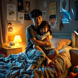 A young Chinese man in torn clothes sitting on the edge of a bed, hugging a young girl in a warm and caring embrace