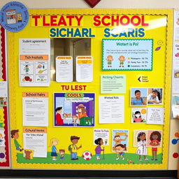 A vibrant and informative school transparency board display featuring a variety of colorful educational materials and announcements