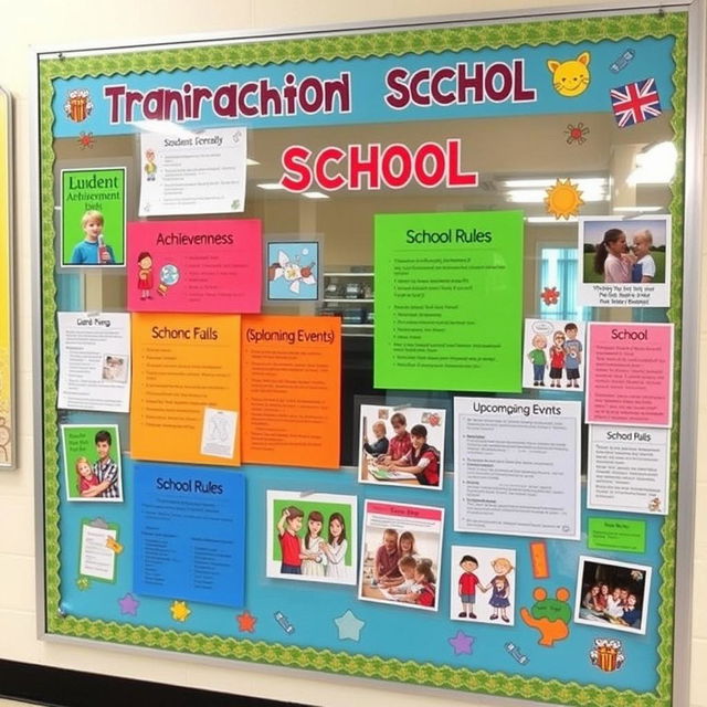 A vibrant and informative school transparency board display featuring a variety of colorful educational materials and announcements