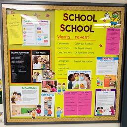 A vibrant and informative school transparency board display featuring a variety of colorful educational materials and announcements