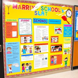 A vibrant and informative school transparency board display featuring a variety of colorful educational materials and announcements