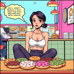 A comic book-style illustration of a sexy, beautiful, innocent-looking thin girl sitting at a table