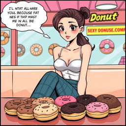 A comic book-style illustration of a sexy, beautiful, innocent-looking thin girl sitting at a table