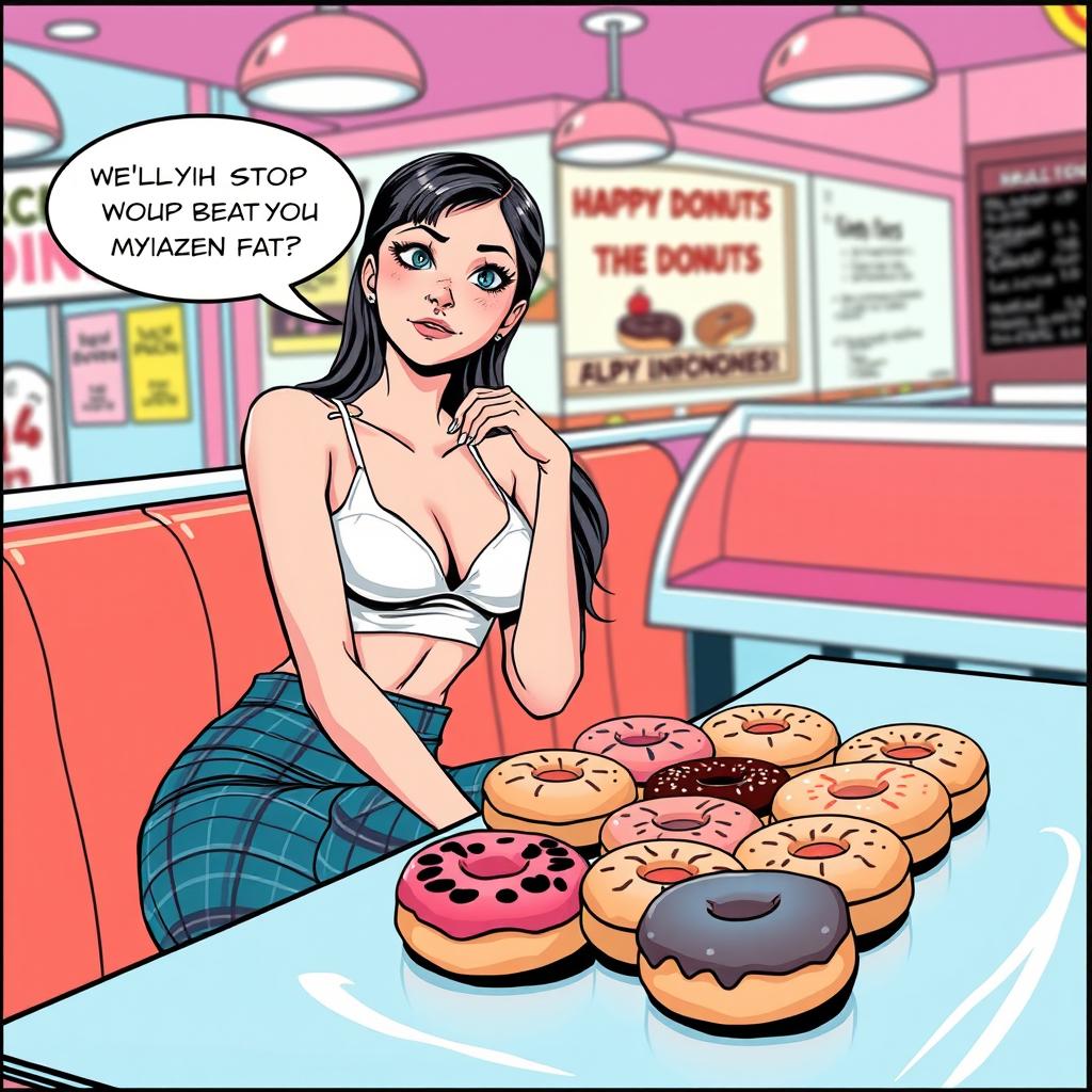 A comic book-style illustration of a sexy, beautiful, innocent-looking thin girl sitting at a table