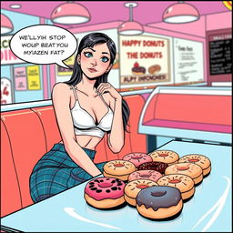 A comic book-style illustration of a sexy, beautiful, innocent-looking thin girl sitting at a table