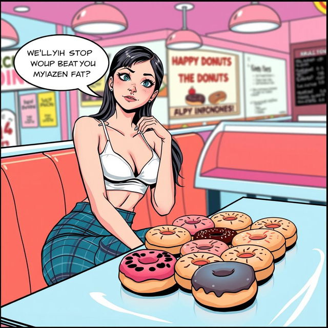 A comic book-style illustration of a sexy, beautiful, innocent-looking thin girl sitting at a table