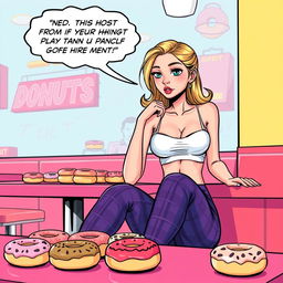 A comic book-style illustration of a sexy, beautiful, innocent-looking thin girl sitting at a table