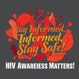 A vibrant poster design focused on HIV awareness, featuring bold, artistic calligraphy that reads: "Stay Informed, Stay Safe: HIV Awareness Matters!" The background includes mature designs symbolizing unity and support, such as intertwined hands and a heart, all in warm, inviting colors like red, orange, and gold