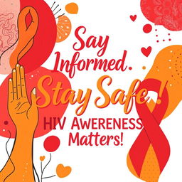 A vibrant poster design focused on HIV awareness, featuring bold, artistic calligraphy that reads: "Stay Informed, Stay Safe: HIV Awareness Matters!" The background includes mature designs symbolizing unity and support, such as intertwined hands and a heart, all in warm, inviting colors like red, orange, and gold