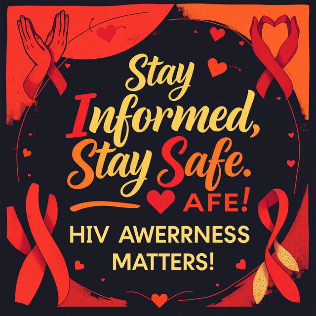 A vibrant poster design focused on HIV awareness, featuring bold, artistic calligraphy that reads: "Stay Informed, Stay Safe: HIV Awareness Matters!" The background includes mature designs symbolizing unity and support, such as intertwined hands and a heart, all in warm, inviting colors like red, orange, and gold