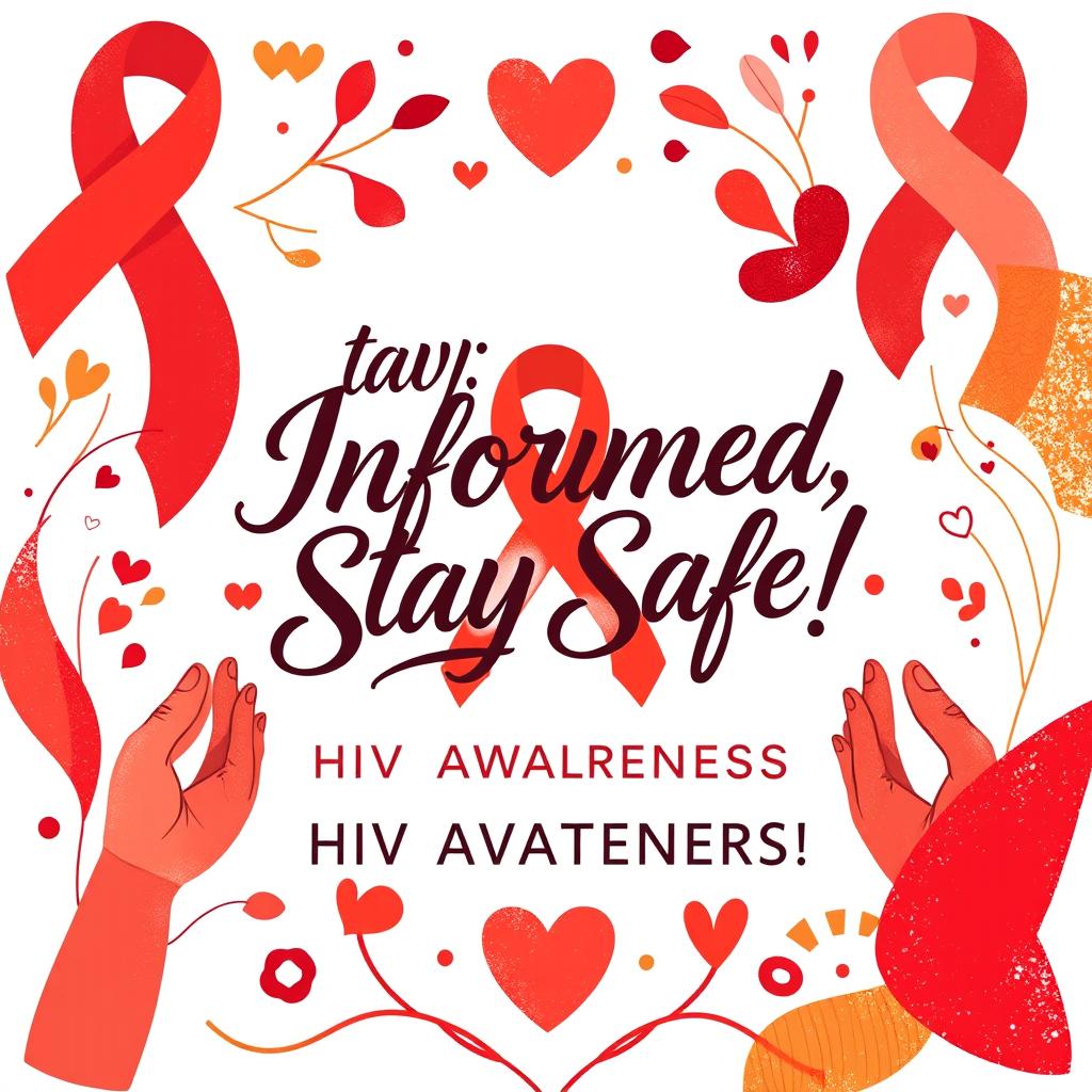 A vibrant poster design focused on HIV awareness, featuring bold, artistic calligraphy that reads: "Stay Informed, Stay Safe: HIV Awareness Matters!" The background includes mature designs symbolizing unity and support, such as intertwined hands and a heart, all in warm, inviting colors like red, orange, and gold