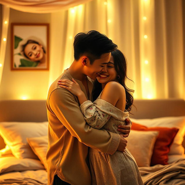 A passionate scene in a bedroom at night featuring a young Chinese man in torn clothes embracing and kissing his beautiful wife