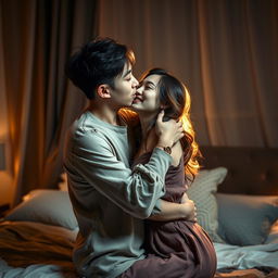 A passionate scene in a bedroom at night featuring a young Chinese man in torn clothes embracing and kissing his beautiful wife