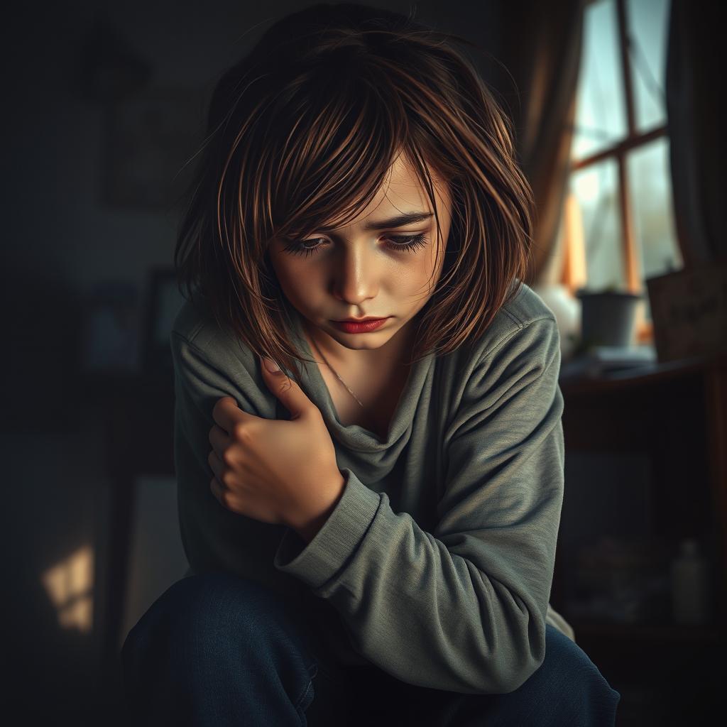 A powerful and emotional poster depicting a young woman experiencing a moment of struggle and despair