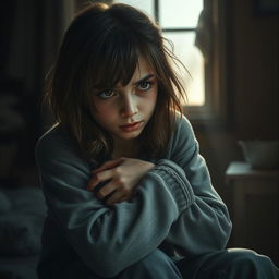 A powerful and emotional poster depicting a young woman experiencing a moment of struggle and despair