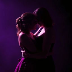A dark and moody scene depicting a loving lesbian couple embracing in a passionate moment