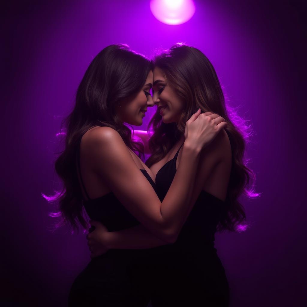 A dark and moody scene depicting a loving lesbian couple embracing in a passionate moment