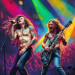 A dynamic painting of a singer and guitarist performing on stage, surrounded by vibrant colors